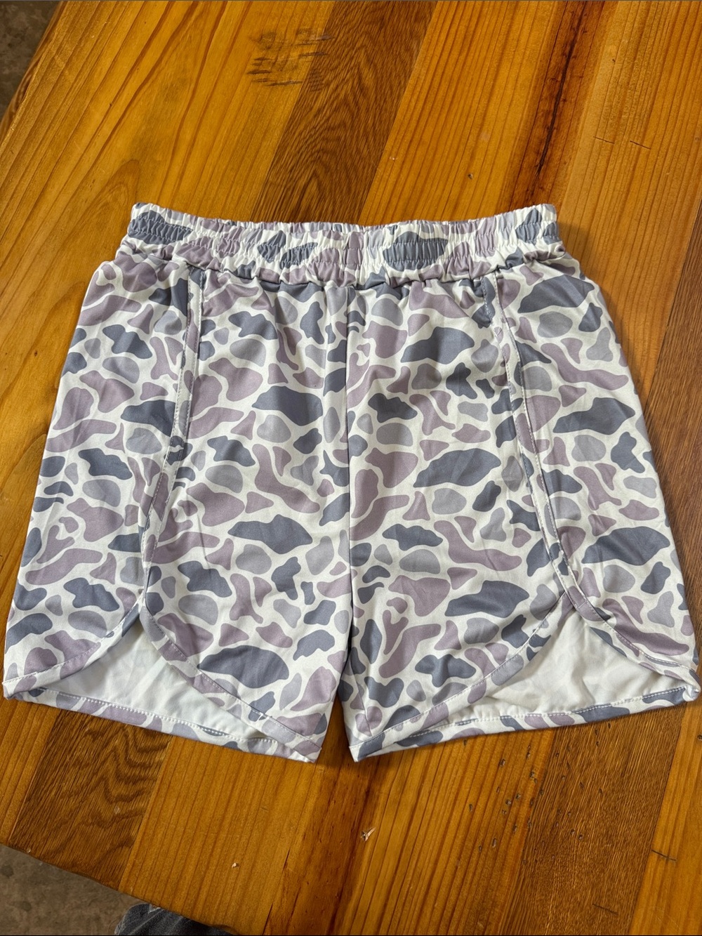 Camo Print Athletic Shorts in Lavender and Gray